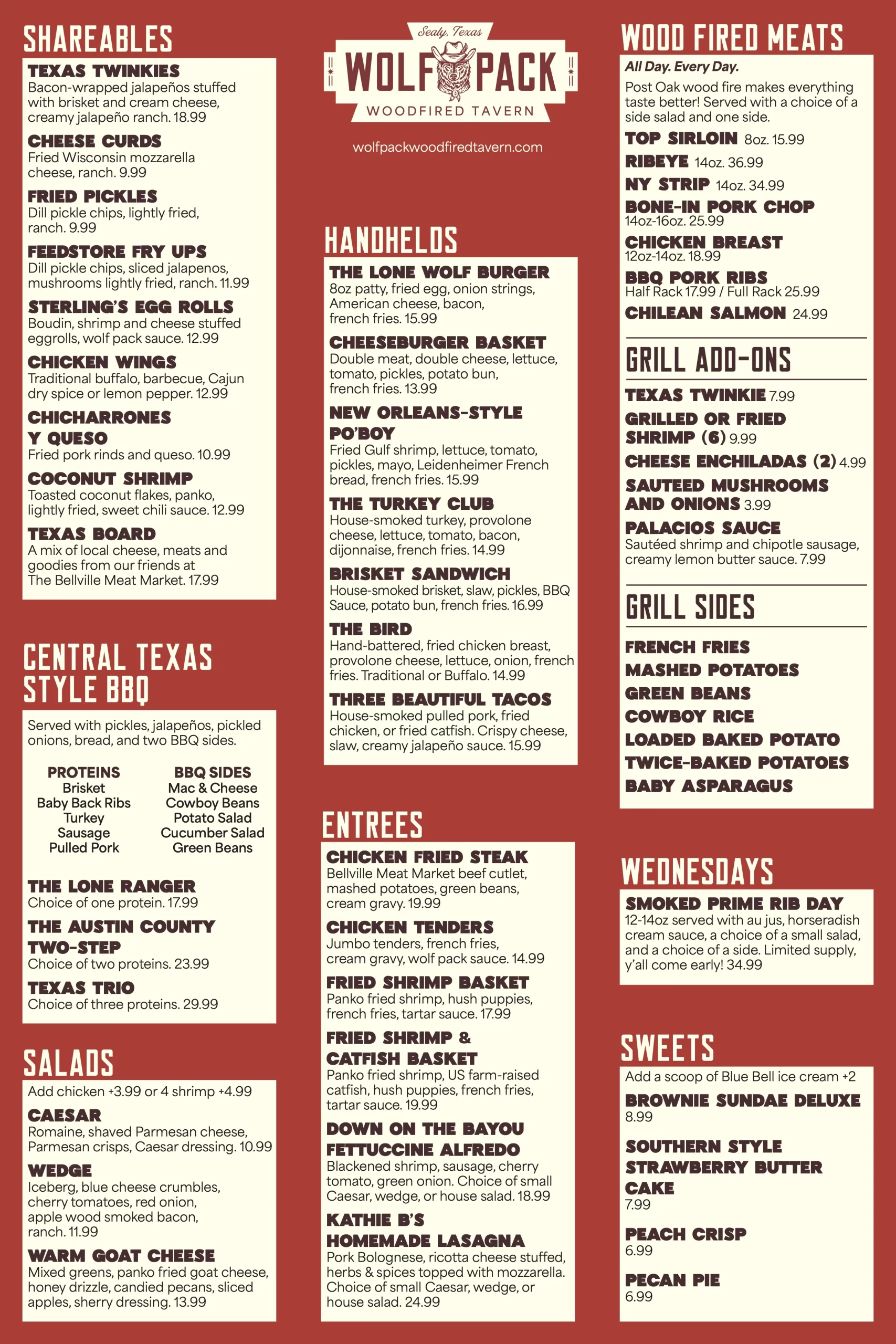 Wolf Pack Woodfired Tavern menu in Sealy Texas featuring BBQ, burgers, steaks and sides
