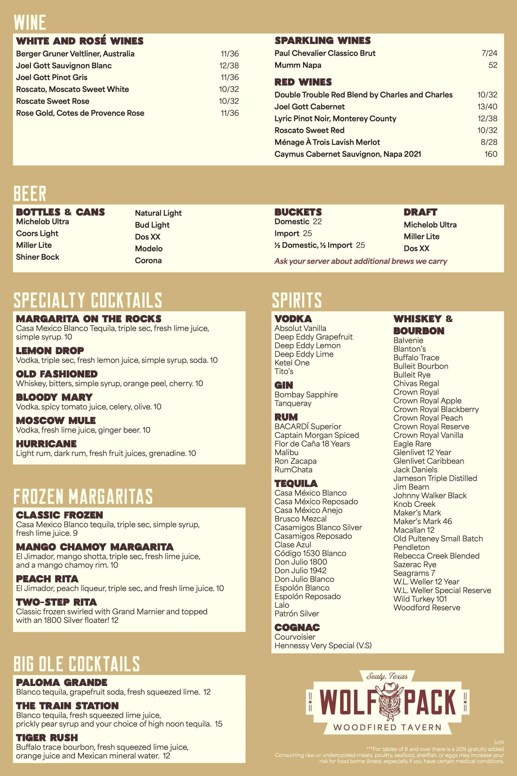 Wolf Pack Woodfired Tavern drinks menu with wine, beer, cocktails and spirits in Sealy Texas