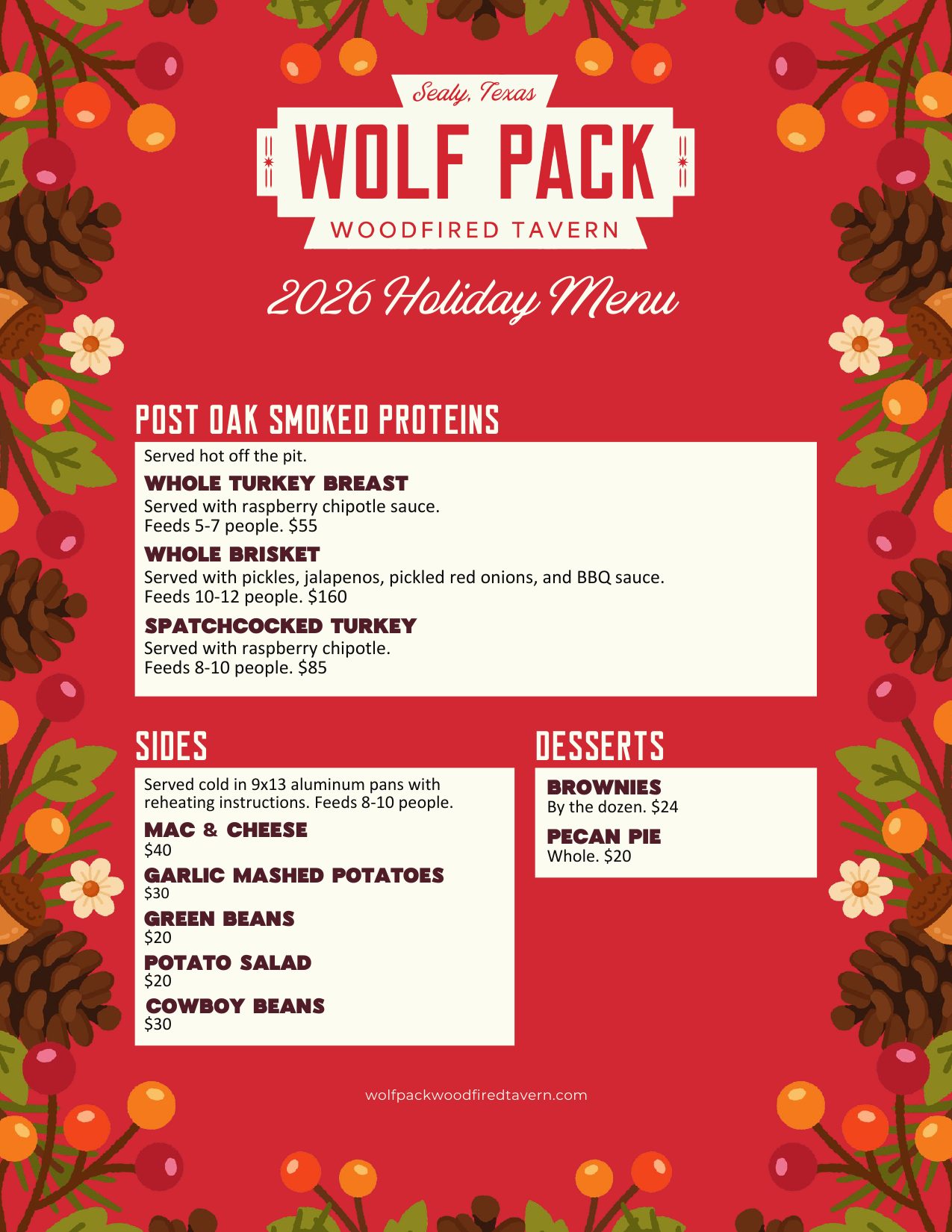 Wolf Pack Woodfired Tavern 2026 Holiday Menu flyer: post oak-smoked turkey and brisket, sides, and desserts with prices